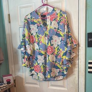 Size Large. Pink, blue and Yellow Ruffled Blouse with 3/4 Sleeves